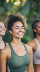 Fototapeta premium A joyful group of diverse women enjoys laughter and connection moments after completing a revitalizing outdoor yoga session