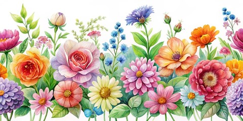 Watercolor Floral Border with Roses, Daisies, and Cornflowers, watercolor, floral, border, botanical