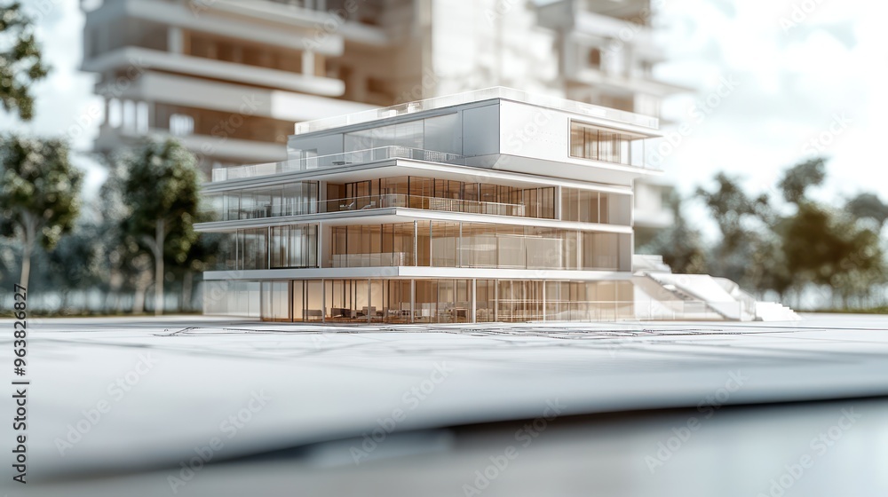 Poster a white building with a glass facade and a balcony. the building is surrounded by trees and a body o