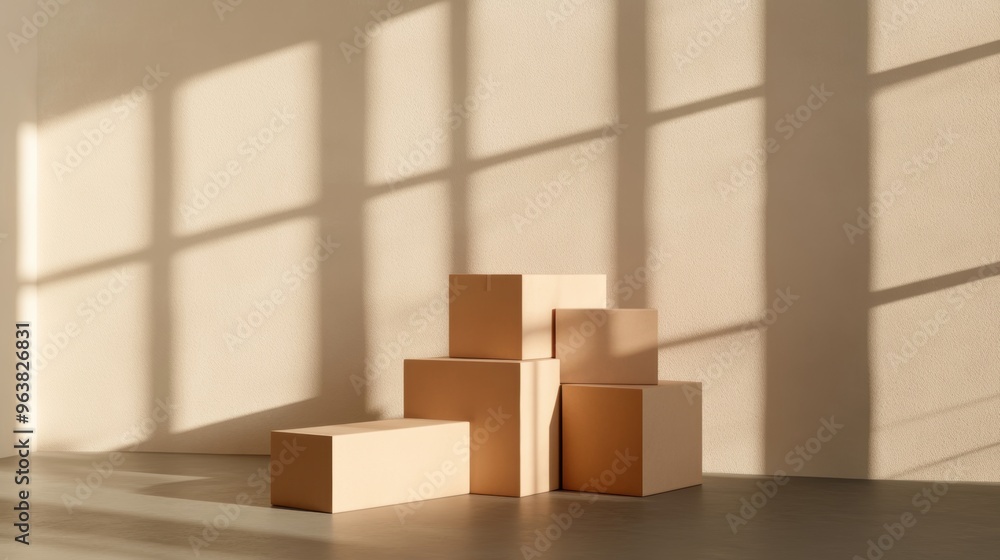 Poster soft sunlight filters through windows, casting shadows on five stacked cardboard boxes in an empty r
