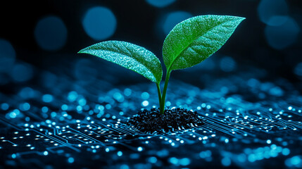 young green plant sprouts from a circuit board, symbolizing the fusion of technology and nature. This image conveys sustainability, innovation, and the future of eco-friendly technological advancement