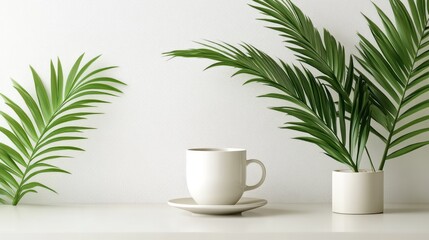 A white coffee cup sits on a white plate on a table next to two potted plants. The plants are green and leafy, and the scene gives off a calm and relaxing vibe