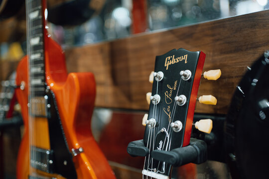 Bangkok, Thailand - May 18, 2024: Gibson Les Paul electric guitar on a shelf in guitar store.