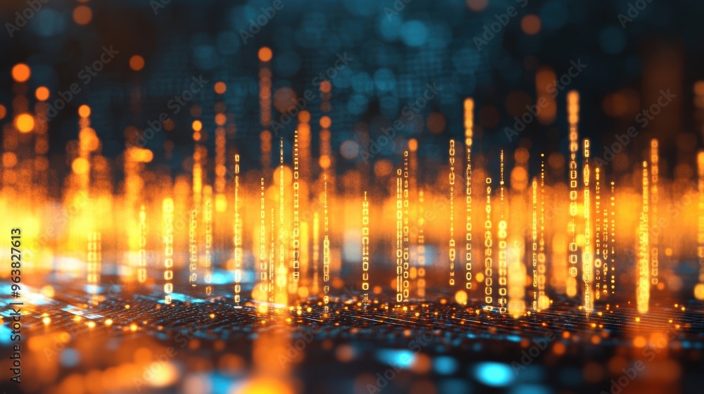 Poster glowing elements and vibrant data streams create an abstract representation of digital technology an