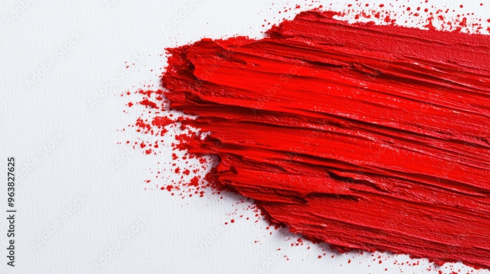 Poster vivid red paint strokes spread across a pure white surface, showcasing a dynamic interplay of color 
