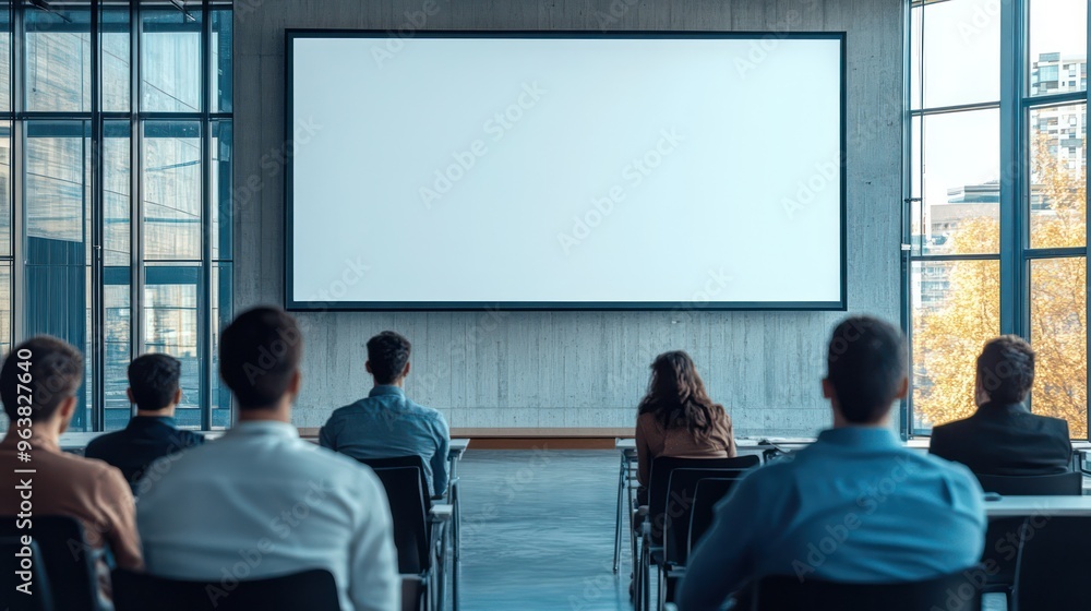 Aufkleber A group of people are sitting in a room with a large screen in the background. Scene is one of anticipation and focus