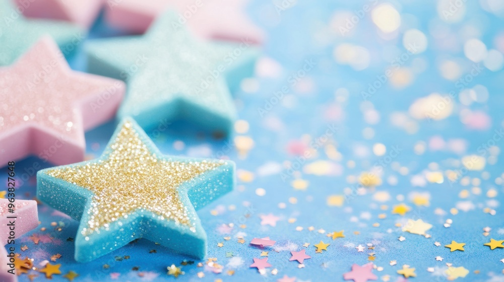Poster brightly colored star shapes rest on a festive backdrop filled with shimmering sparkles, creating a 