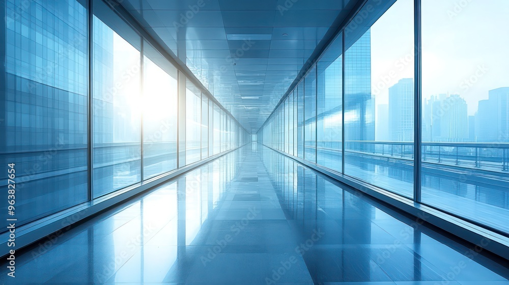 Poster a long, empty hallway with a lot of windows. the windows are clear and reflect the sunlight