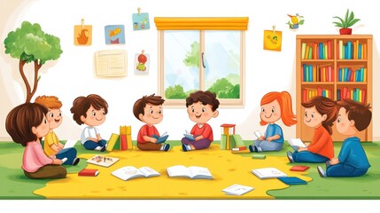 A group of children are sitting on the floor in a room with a teacher. They are reading books and enjoying their time together