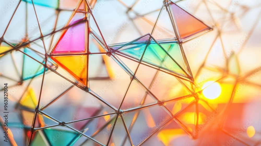 Poster geometric shapes in various colors catch the evening light, creating a stunning interplay of transpa