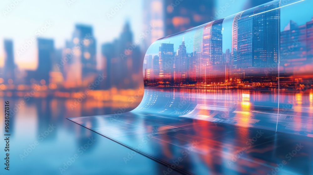 Poster a city skyline is reflected in a body of water. the reflection is distorted and blurred, giving the 