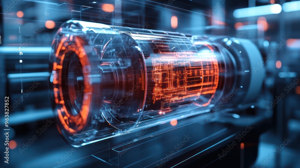 Poster A futuristic looking object with a glowing orange center. The object is surrounded by a blue and orange glow. The image gives off a futuristic and technological vibe