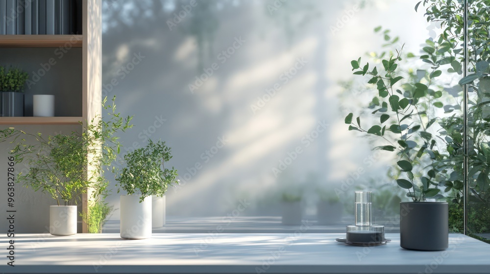 Poster A white table with a few potted plants and a vase. The table is in front of a window with sunlight shining through it