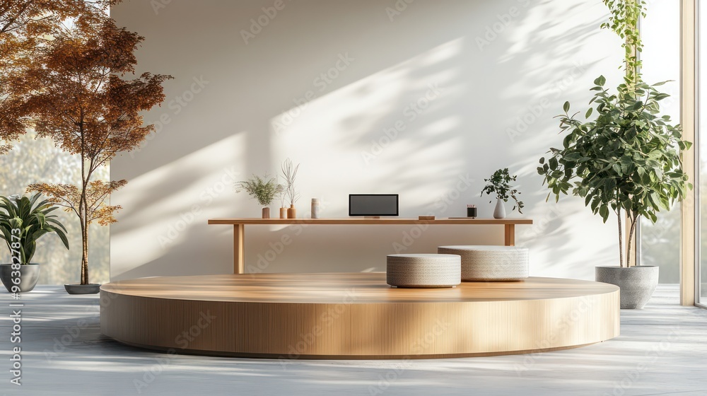 Poster a room with a wooden floor and a round table with two ottoman seats. there are potted plants in the 