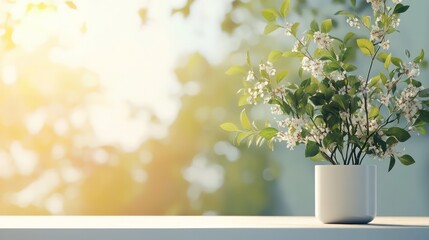 A white vase with a bunch of green leaves in it sits on a table. The vase is filled with a variety of different sized leaves, and the leaves are arranged in a way that creates a sense of balance