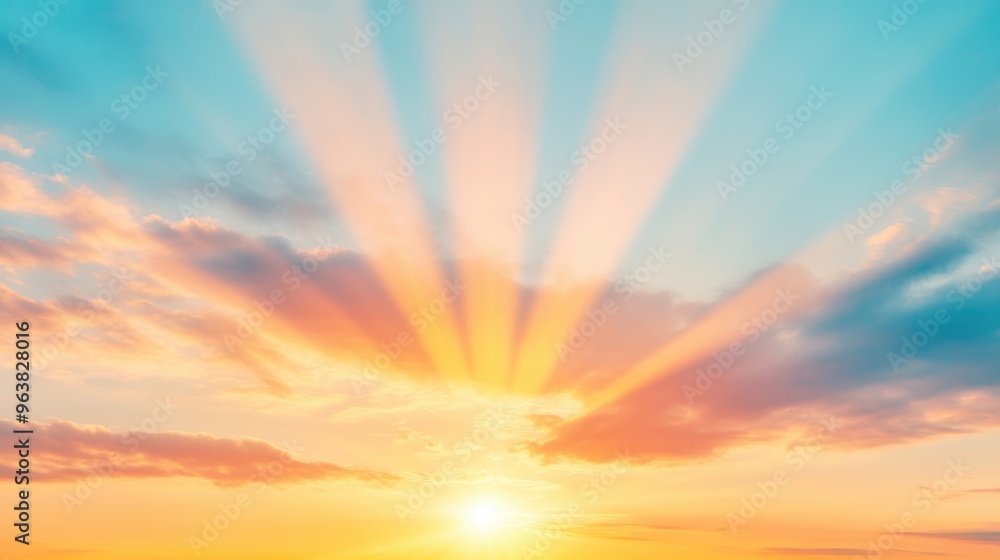Aufkleber a vibrant array of clouds glows as the sun sets, casting beautiful rays across the sky during twilig