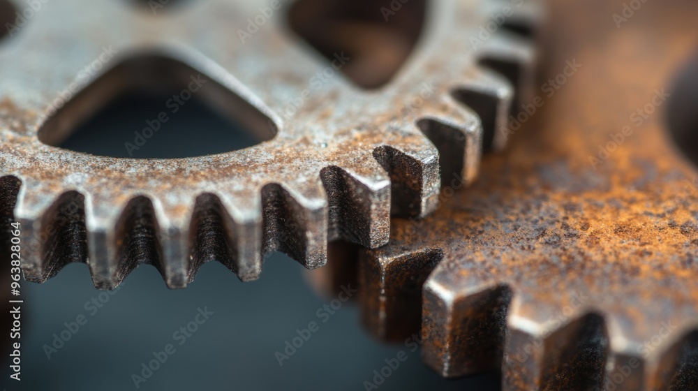 Poster detailing the interlocking metal gears, highlighting their intricate design and aged appearance with