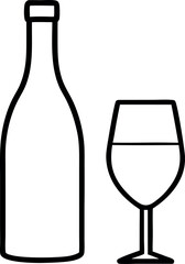 Wine Bottle and Glass Icon in Simple Line Art Style on White Background for Beverage Illustrations