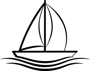 Elegant Black and White Sailboat Silhouette on Waves in Minimalist Vector Design