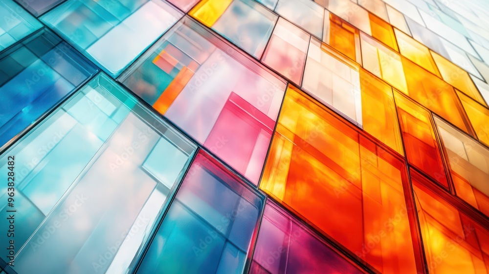 Poster A colorful building with many windows and a blue and white window