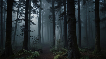 Ghostly Figure in a Dark Foggy Forest, Eerie and Mysterious Atmosphere
