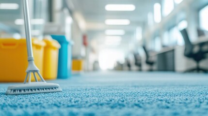 Cleaning tools are set up for an extensive office cleaning effort, ensuring a tidy work environment amidst natural light