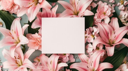 Obraz premium Surrounded by vibrant pink lilies, a blank card invites personal messages or artistic designs in a floral arrangement