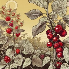 Naklejka premium Vintage Illustration of Red Berries and Greenery