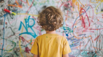 A young child joyfully draws with markers on a wall filled with colorful designs in a vibrant, creative space