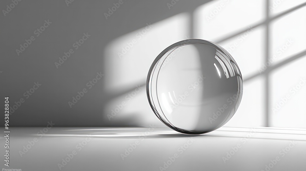 Poster a clear sphere sits on a white surface, casting a shadow on the wall. the sphere is the main focus o
