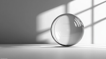 A clear sphere sits on a white surface, casting a shadow on the wall. The sphere is the main focus of the image, and the shadow adds depth and dimension to the scene