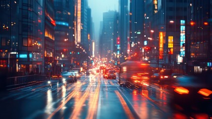 Obraz premium A busy city street with cars and lights. The lights are bright and the cars are moving quickly. Scene is energetic and bustling