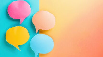 Vibrant speech bubbles in various colors are positioned on a bright, multicolored background, showcasing a lively expression of ideas