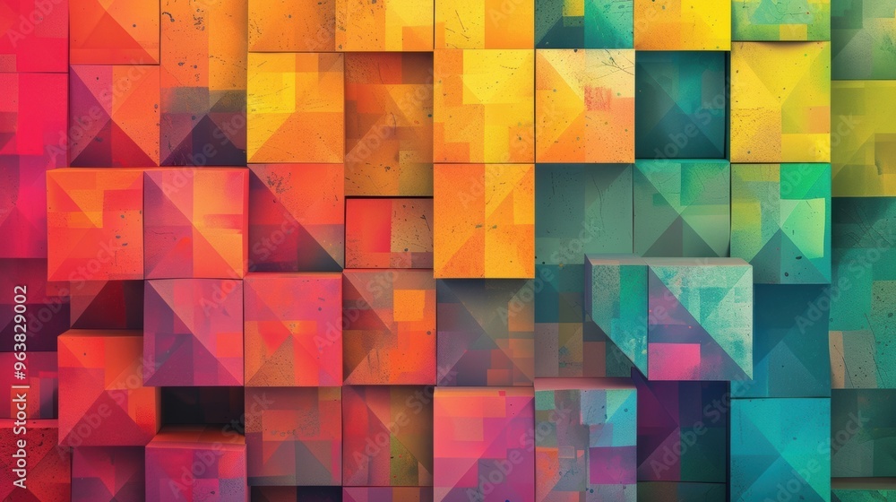 Poster a vivid arrangement of colorful geometric blocks showcases a dynamic pattern with striking hues, cre