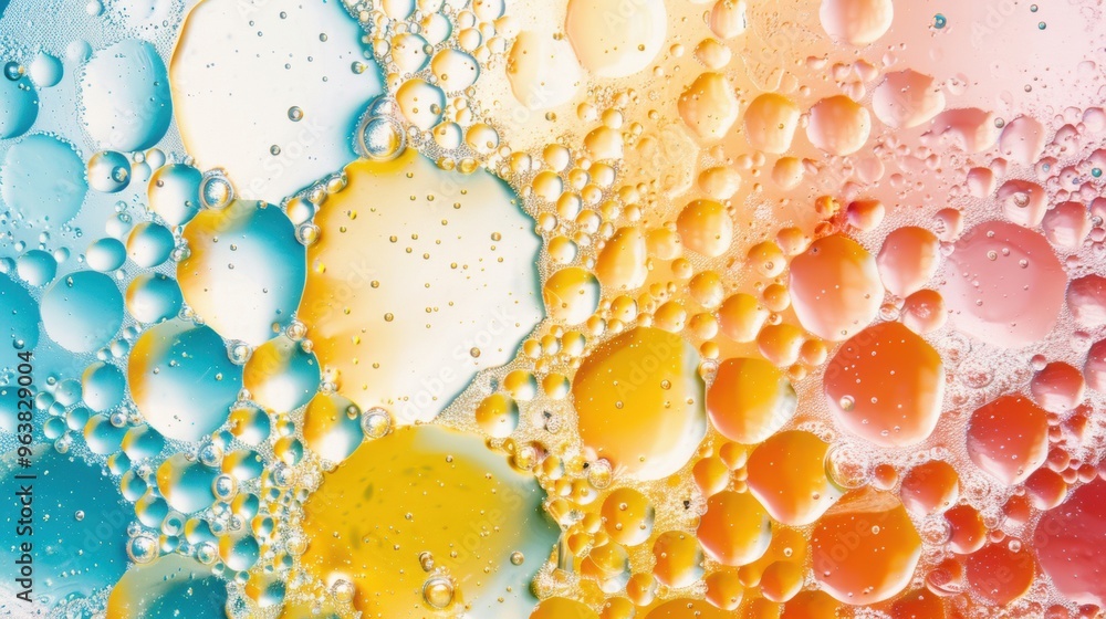 Poster vibrant oil and water bubbles intertwine, creating a lively and colorful abstract display in rich sh