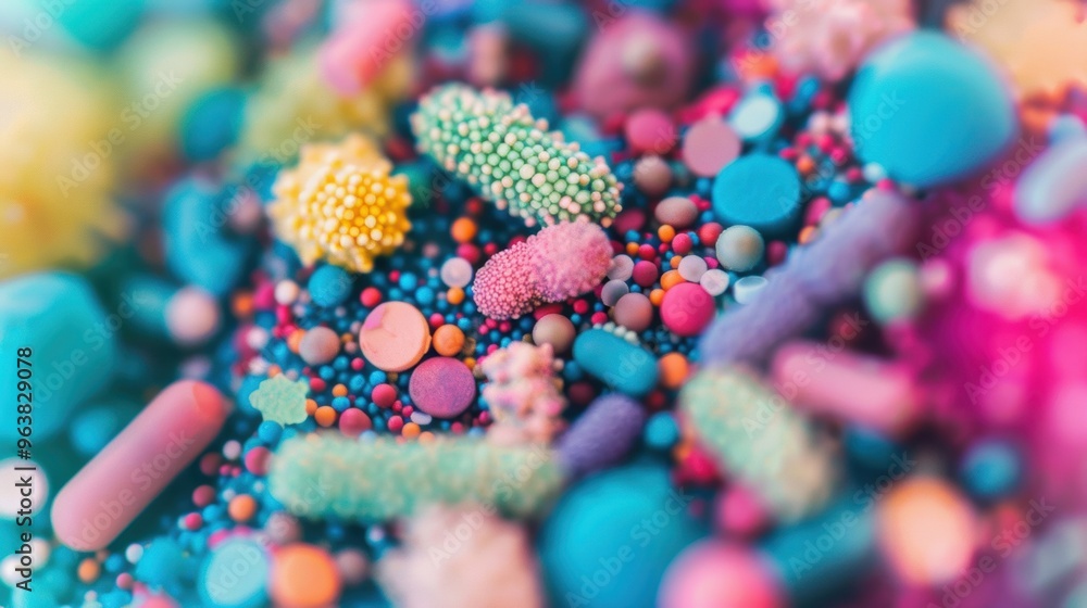 Poster diverse and colorful microbes are observed through a microscope, illustrating their unique shapes an