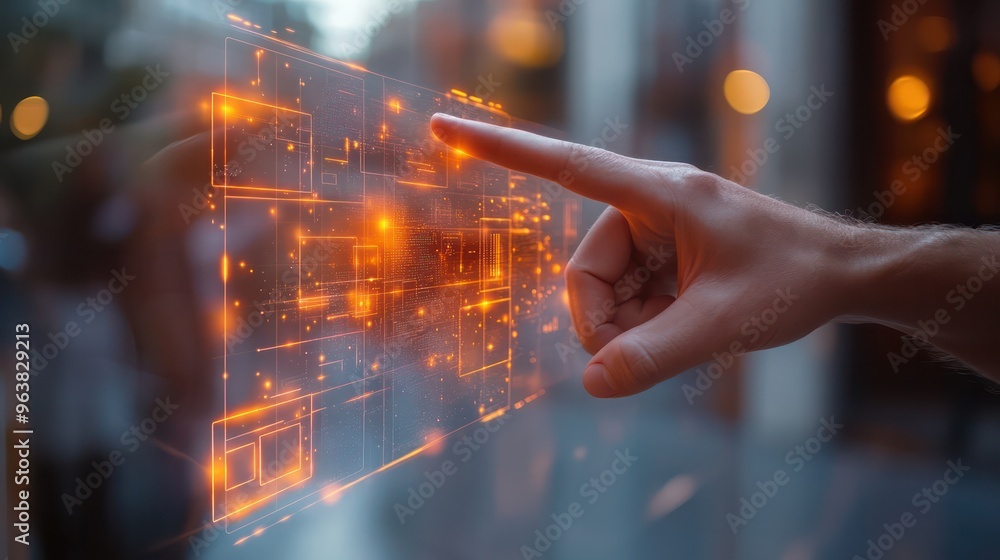Poster A hand pointing at a screen with a bright orange background. Concept of excitement and energy, as if the viewer is eager to interact with the content on the screen