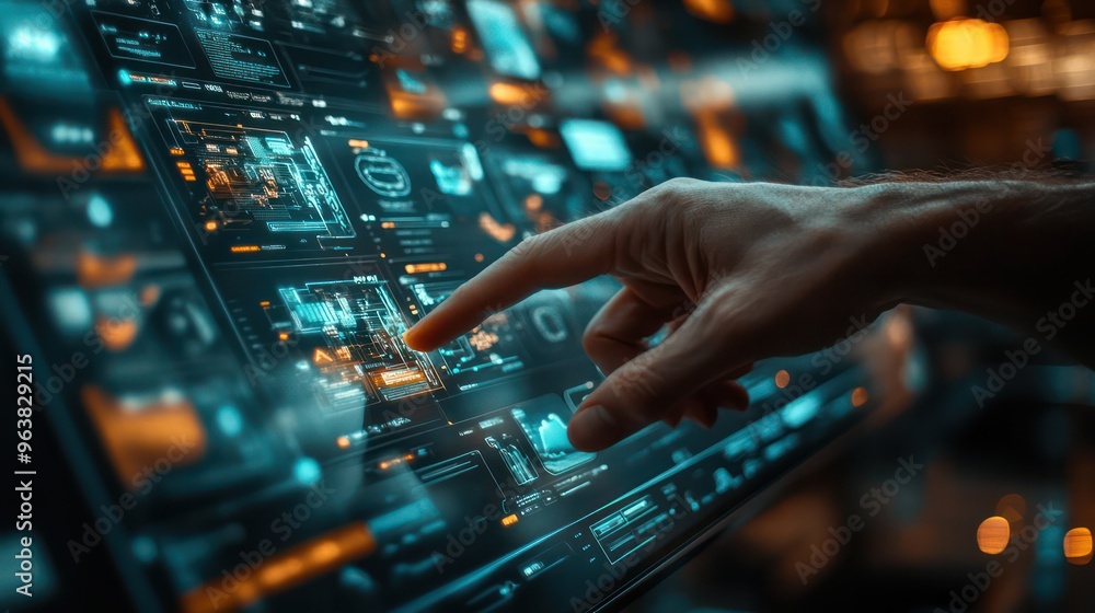 Poster A hand is pointing at a screen with a lot of different icons and buttons. Concept of technology and innovation, as well as the idea of navigating through various options and settings