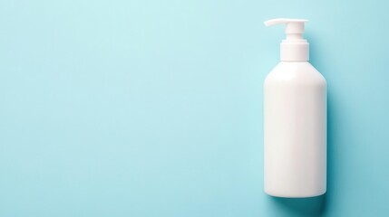 White pump bottle dispenser on a light blue background, perfect for soap, lotion, or beauty product packaging design.