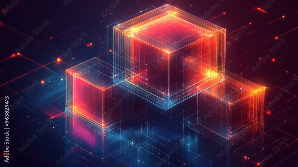Fototapete A series of cubes are lit up in a blue and red color scheme. The cubes are arranged in a pyramid shape, with the top cube being the largest and the bottom cube being the smallest