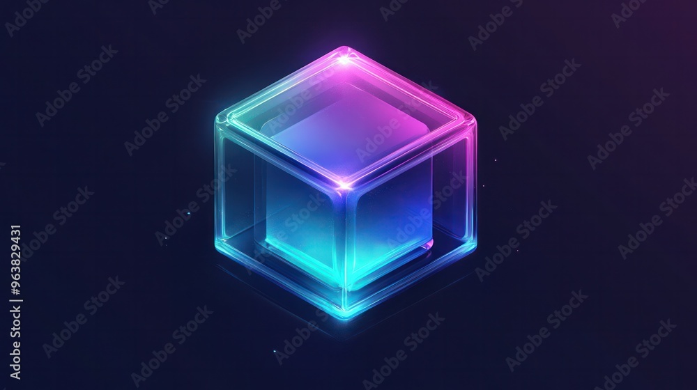 Aufkleber A cube made of glass with a blue and purple color. The cube is illuminated and has a shiny appearance