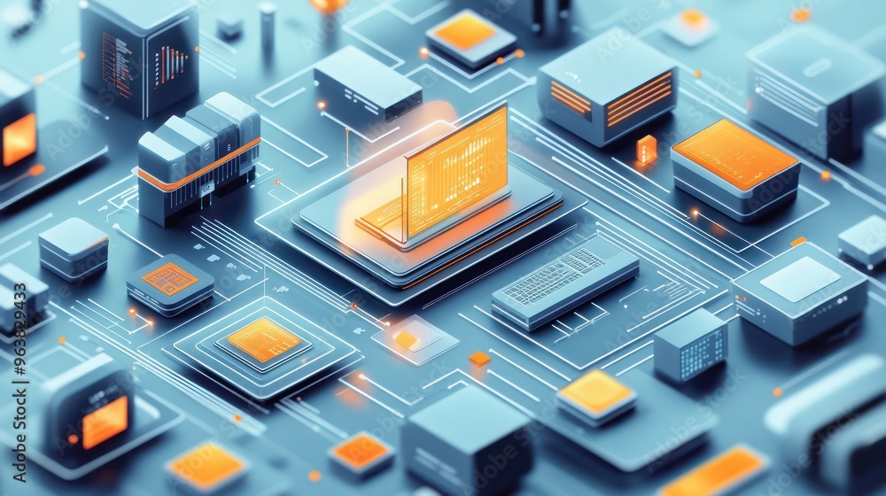 Leinwandbilder A computer chip is shown in a blue and orange color scheme. The chip is surrounded by other computer chips and wires, creating a complex and intricate design. Concept of technology and innovation