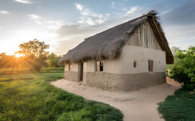 Obraz premium A photo of a humble village house with a thatched roof and mud walls generated by AI