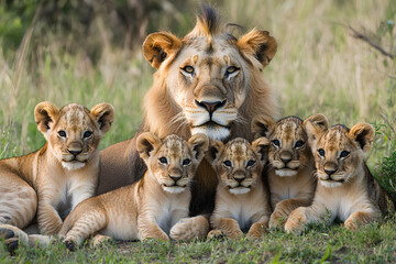 A majestic male lion sits with his pride of five cubs in the African savanna.
