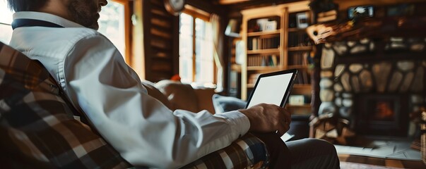 Man Using Tablet in Cozy Cabin Setting