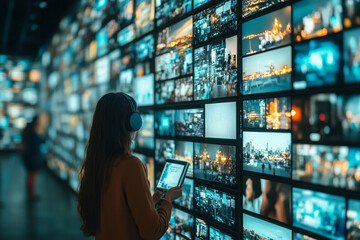 Digital art exhibition: Young woman with headphones using a tablet in front of a wall full of screens displaying images and videos, showing images of modern city life.
