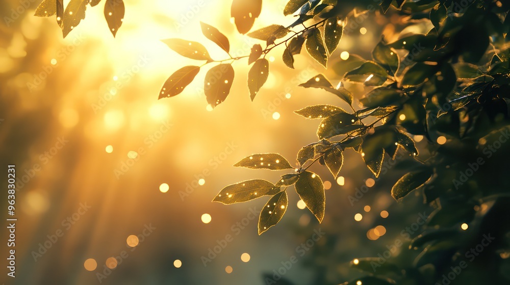 Poster a tree with leaves that are shining in the sun. the leaves are covered in a light dusting of glitter
