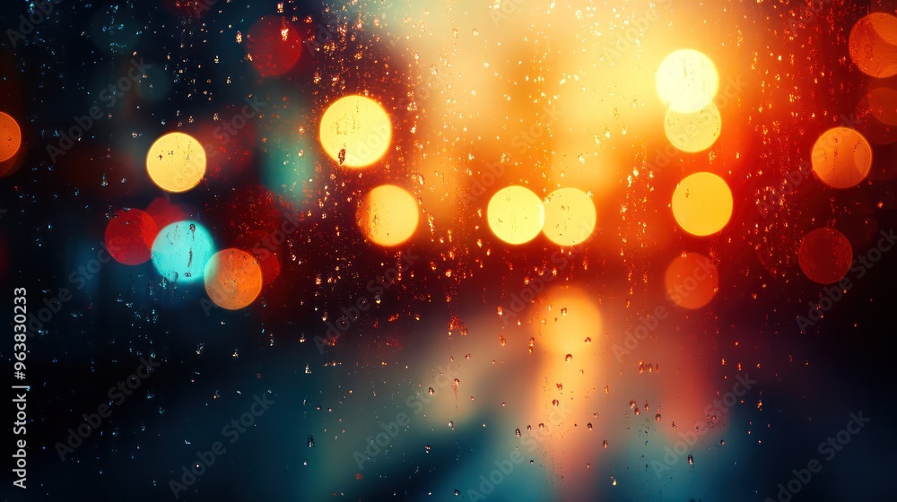 Poster a blurry image of a city street with raindrops on the window. the image has a moody and dreamy feel 