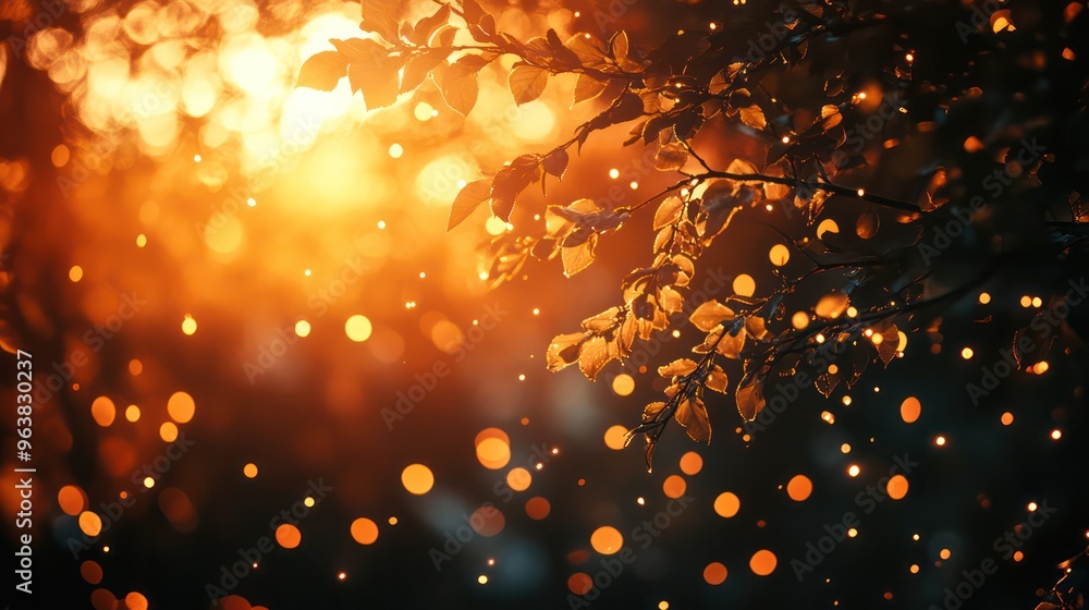 Poster a tree with leaves that are falling and the sun is shining on it. the sun is creating a beautiful an