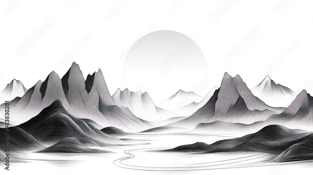 Poster a mountain range with a large sun in the sky. the mountains are covered in snow and the sky is clear